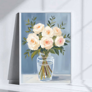 White Rose Bouquet Elegant Watercolor Floral Poster