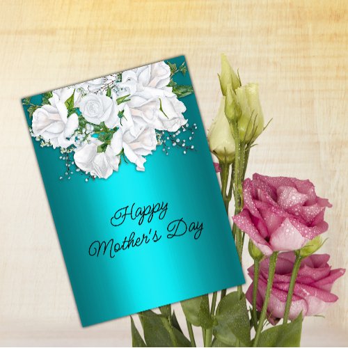 White Rose Bouquet Floral Aqua Mothers Day Postcard