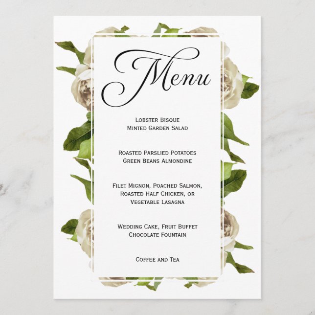 White Rose Bouquet Floral Wedding Menu (Front)