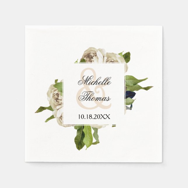 White Rose Bouquet Floral Wedding Paper Napkins (Front)
