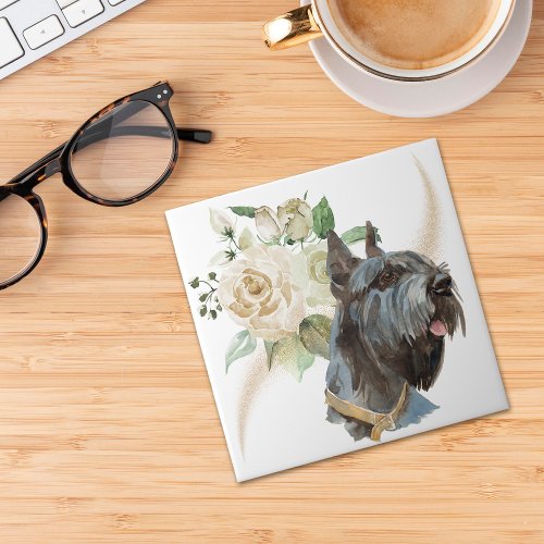 White Rose Bouquet Giant Schnauzer Dog Ceramic Tile