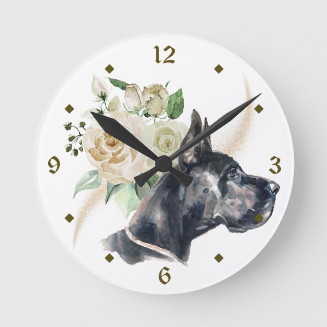 White Rose Bouquet Great Dane Dog Round Clock (Front)
