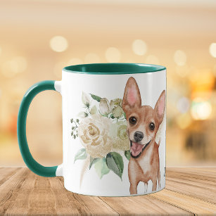 White Rose Bouquet Happy Chihuahua Dog Mug