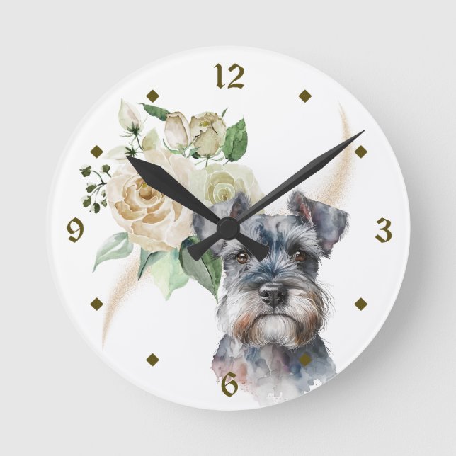 White Rose Bouquet Miniature Schnauzer Dog Round Clock (Front)