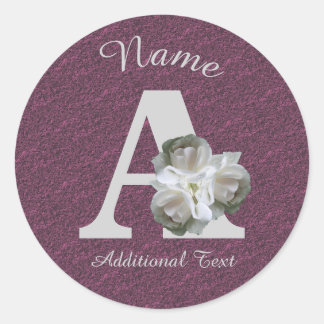 White Rose Bouquet Monogram A Personalized   Classic Round Sticker