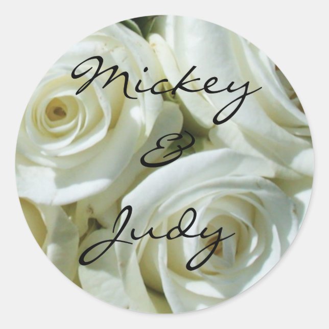 White Rose Bouquet Personalized Wedding Classic Round Sticker (Front)