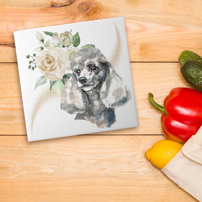 White Rose Bouquet Poodle Dog Ceramic Tile (Creator Uploaded)