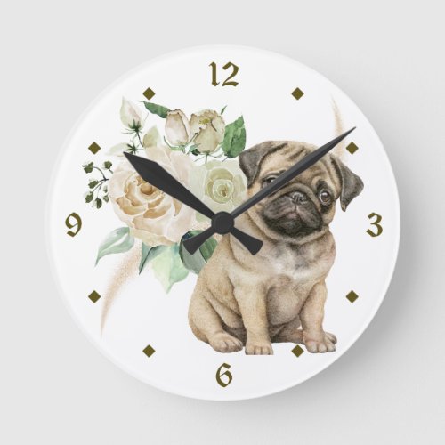 White Rose Bouquet Pug Puppy Round Clock