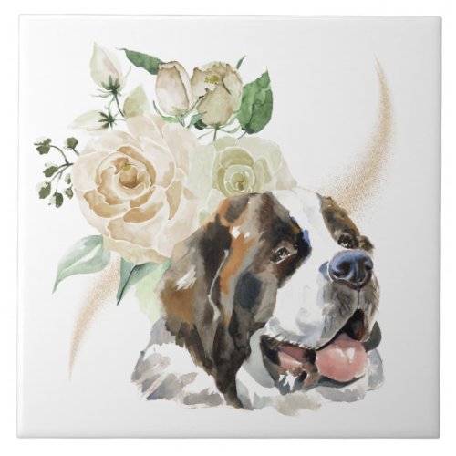 White Rose Bouquet Saint Bernard Dog Ceramic Tile