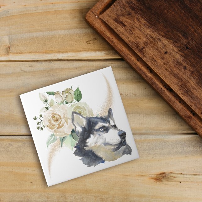 White Rose Bouquet Siberian Husky Dog Ceramic Tile (Creator Uploaded)