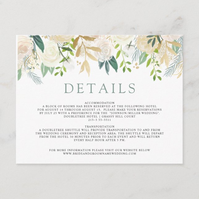 White Rose Bouquet | Wedding Details Enclosure Card (Front)