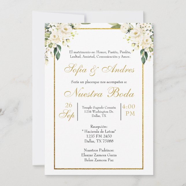 White rose bouquet wedding invitation (Front)