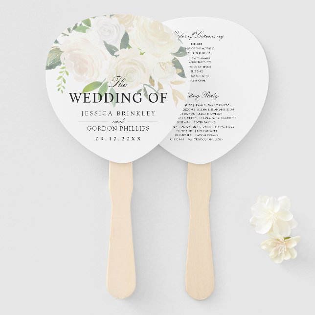 White Rose Bouquet | Wedding Program Hand Fan (Front and Back)