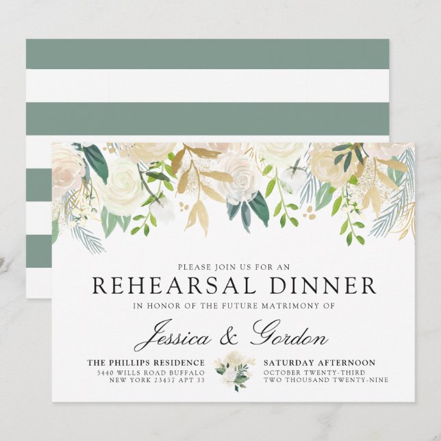 White Rose Bouquet | Wedding Rehearsal Dinner Invitation (Front/Back)