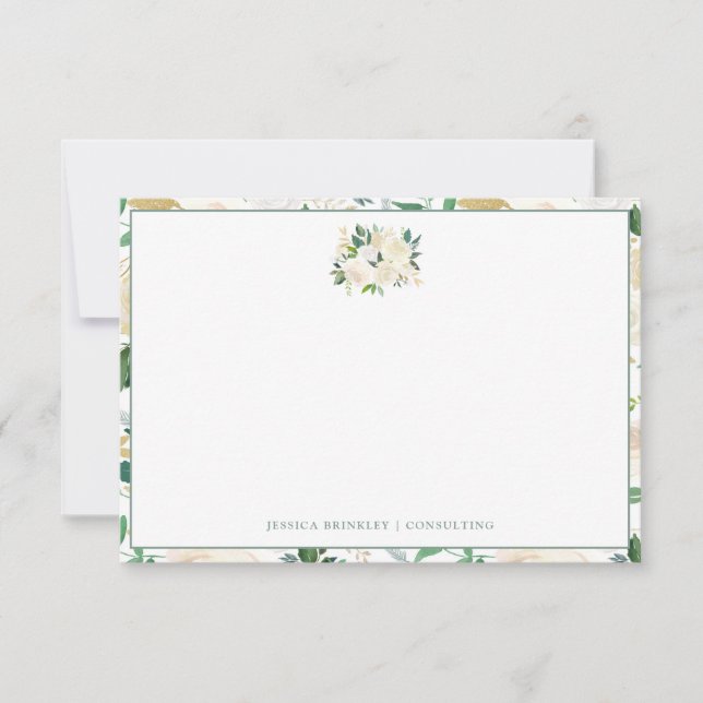 White Rose Bouquet Wild Floral Custom Stationary Note Card (Front)