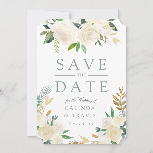 White Rose Bouquet wild Floral Save the Date (Front)