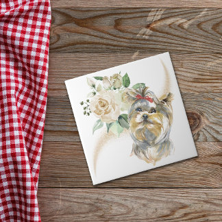 White Rose Bouquet Yorkshire Terrier Dog Ceramic Tile