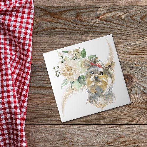 White Rose Bouquet Yorkshire Terrier Dog Ceramic Tile