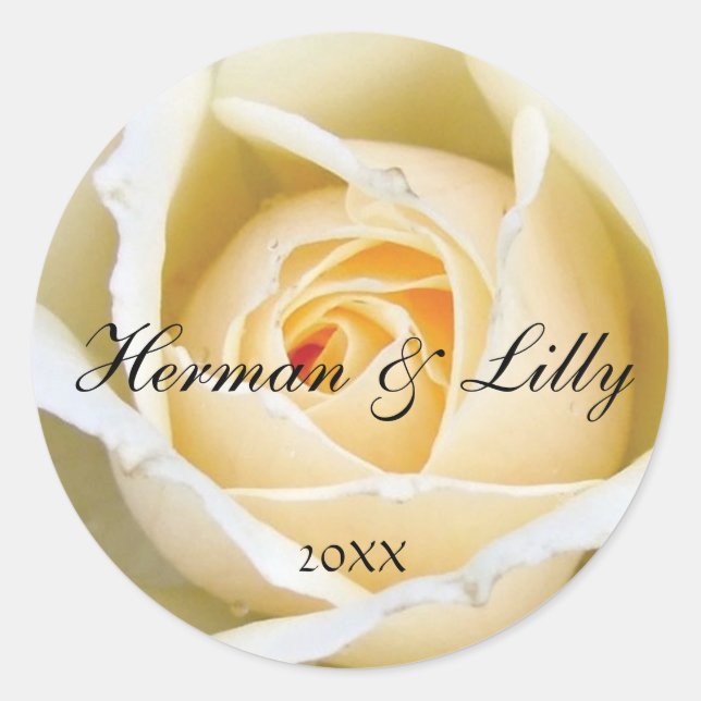 White Rose Bud Personalized Round Wedding Sticker (Front)