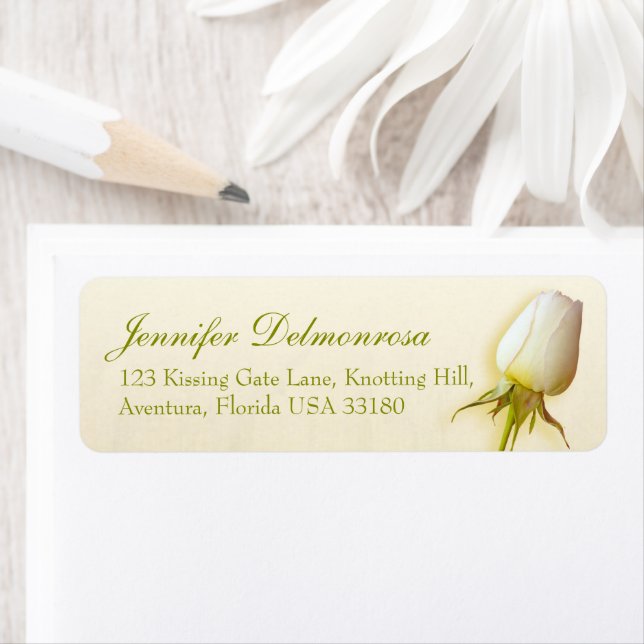 White rose bud wedding reply slim address label (Insitu)