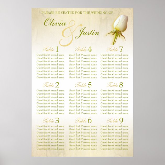 White Rose Bud Wedding Seating Table Planner 1-9 Poster