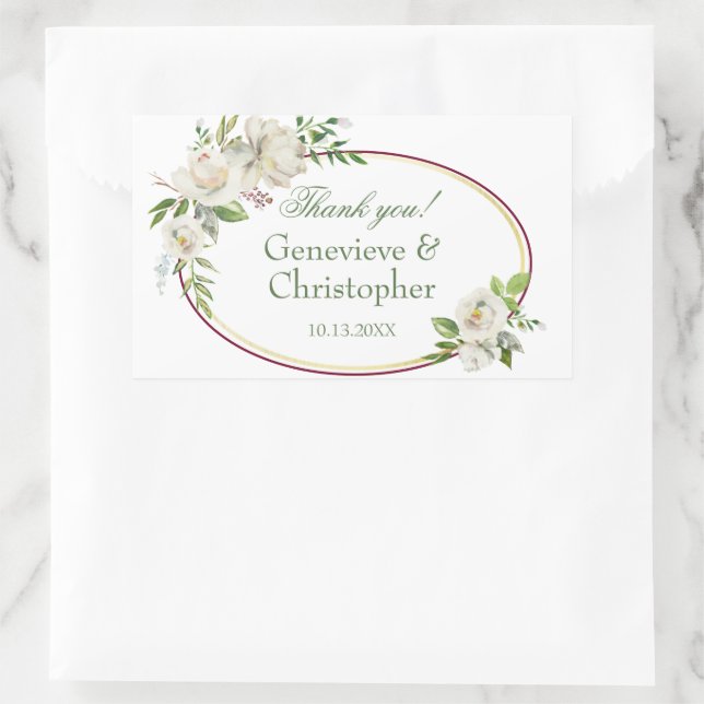 White Rose Burgundy Floral Boho Wedding Rectangular Sticker (Bag)