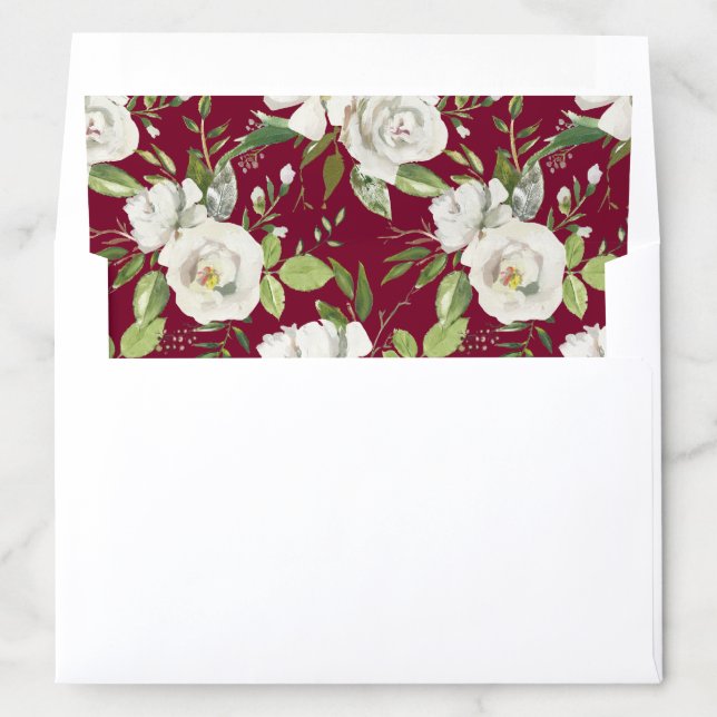White Rose Burgundy Floral Gold Wedding Envelope Liner (In Envelope)