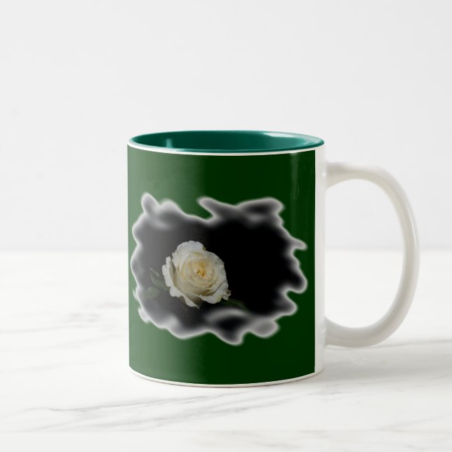 White Rose Burned Edges on Green Two-Tone Coffee Mug (Right)