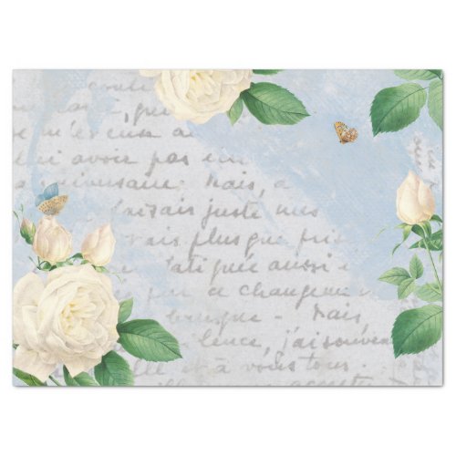 White Rose Butterfly French Script Blue Decoupage  Tissue Paper