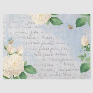 White Rose Butterfly French Script Blue Decoupage Tissue Paper