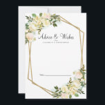 White Rose Chic Floral Gold Wedding Newlywed White Advice Card<br><div class="desc">Chic, elegant and formal Newlywed Wishes & Advice features romantic watercolor vanilla white roses with hints of blush pink displayed in leafy greenery on a timeless crisp white background. A sparkling golden color geometric crystal-shaped frame provides a trendy touch. Personalize wedding design with your details in elegant charcoal gray lettering...</div>