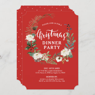 White rose Christmas holly wreath dinner Invite