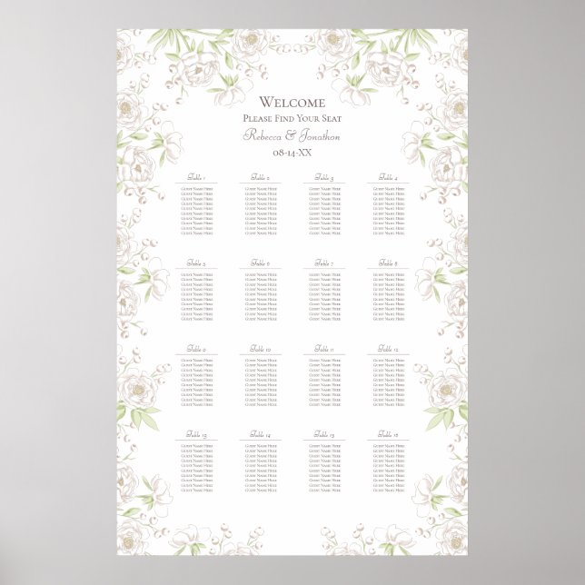 White Rose Classic Wedding Seating Chart (Front)