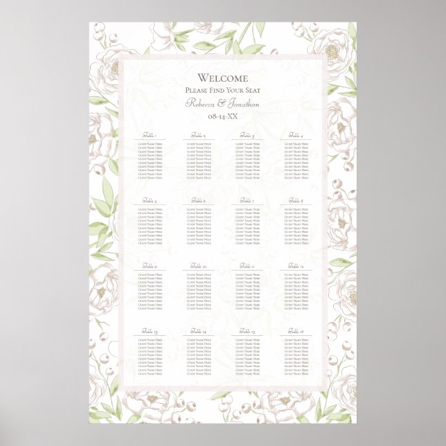 White Rose Classic Wedding Seating Chart (Front)
