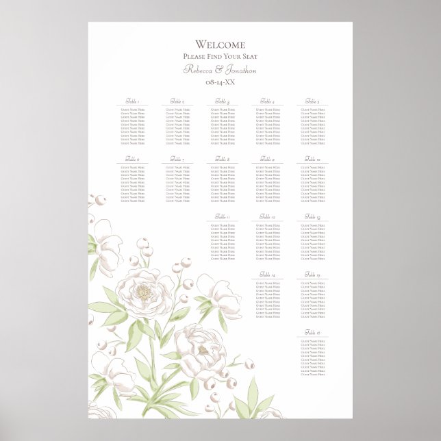 White Rose Classic Wedding Seating Chart (Front)