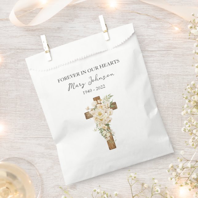 White rose Cross Funeral Favor Bag (Clipped)