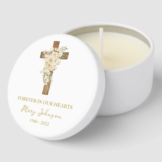 White rose Cross Funeral Mini Candle Favors (Corner)