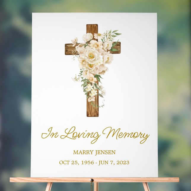 White rose cross Memorial Funeral Acrylic Sign (Neutral)