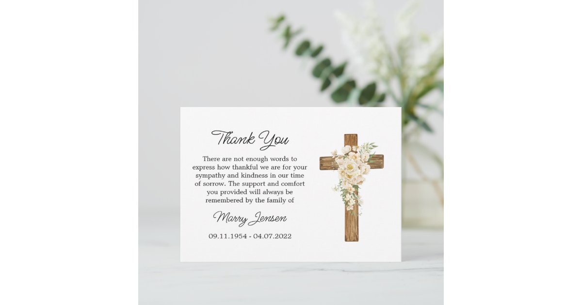 White Rose Cross Sympathy Thank You Card | Zazzle