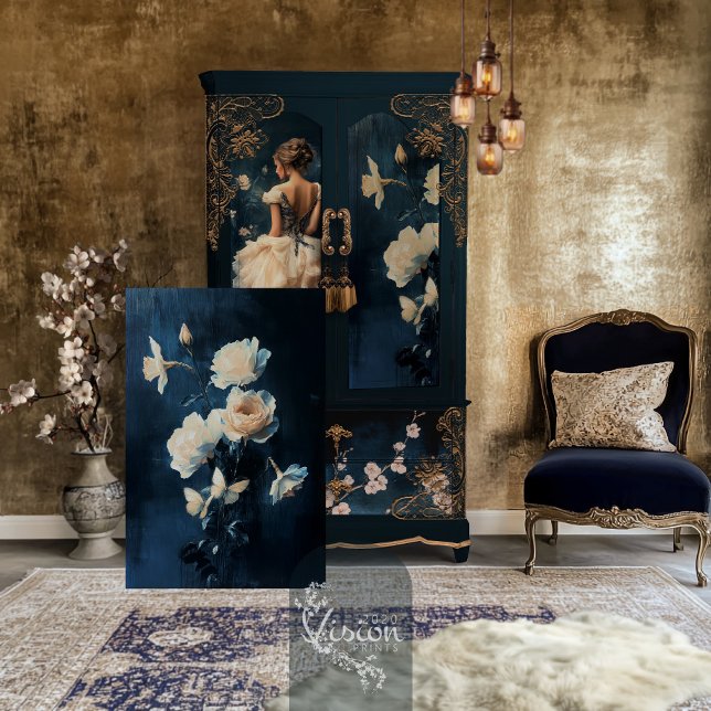 White Rose & Daffodil Bouquet Navy Background Tissue Paper (Painted White Daffodil and Rose Romantic Floral Bouquet, Weathered Navy Background Tissue Paper)