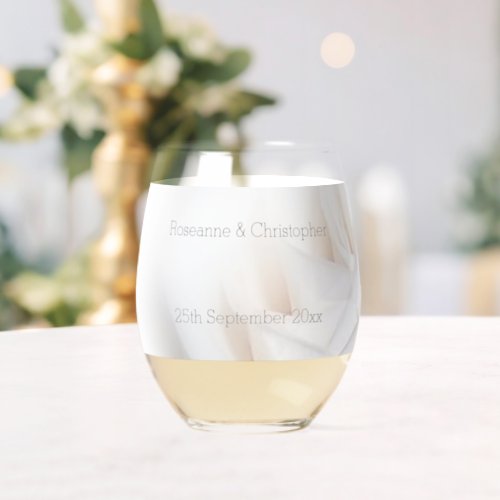 White Rose Design Wedding Stemless Wine Glass