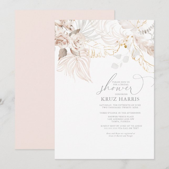 White Rose Dried Floral Boho Bridal Shower Invitat Invitation (Front/Back)