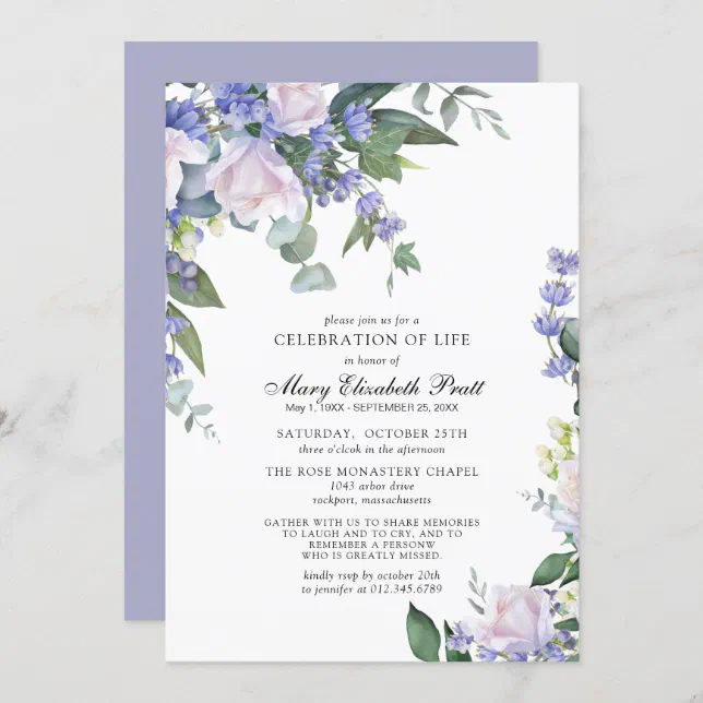 White Rose Dusty Blue Floral Celebration of Life Invitation | Zazzle