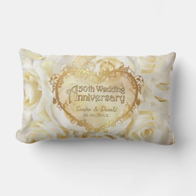 White Rose Elegance - 50th Wedding Anniversary Lumbar Pillow (Front)