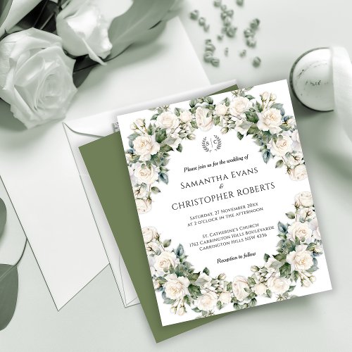 White Rose Elegance Monogrammed Budget Wedding Flyer