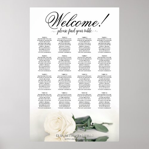 White Rose Elegant 16 Table Wedding Seating Chart
