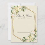 White Rose Elegant Floral Gold Wedding Newlywed Advice Card<br><div class="desc">Chic, elegant and formal Newlywed Wishes & Advice features romantic watercolor vanilla white roses with hints of blush pink displayed in leafy greenery on a timeless eggshell background. A sparkling golden color geometric crystal-shaped frame provides a trendy touch. Personalize wedding design with your details in elegant charcoal gray lettering and...</div>
