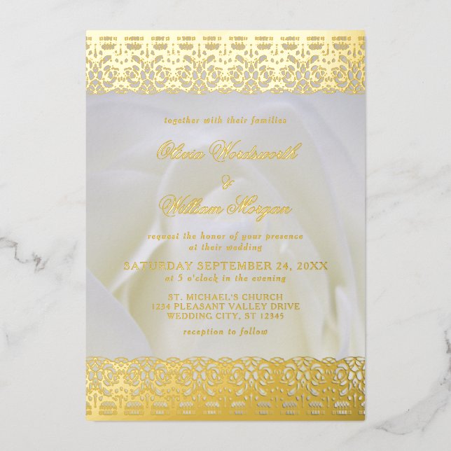White Rose Elegant Gold Foil Lace Wedding Foil Invitation (Front)