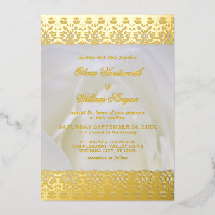 White Rose Elegant Gold Foil Lace Wedding Invitation