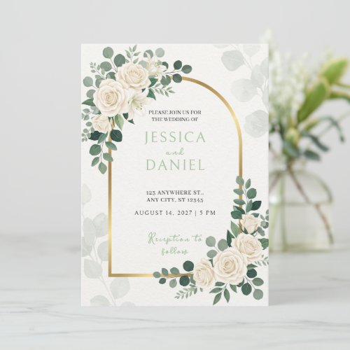 White Rose Emerald Eucalyptus Wedding Invitation